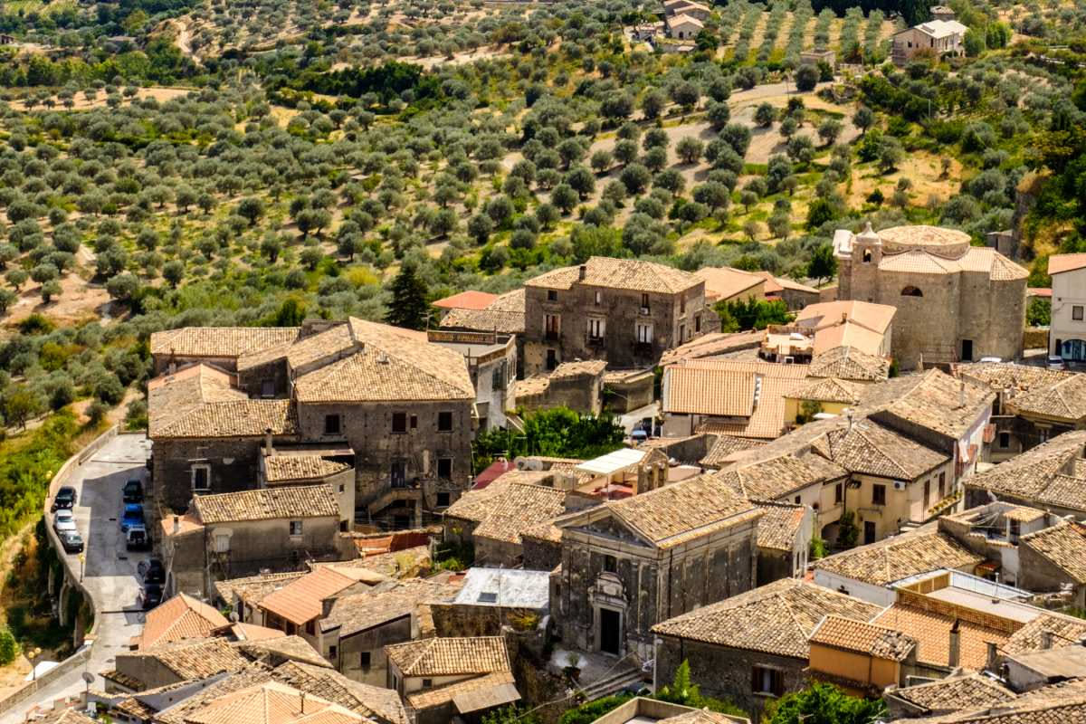 Tetto di casetta in pietra grigia con coppi in laterizio rosso-arancio, montagne del Cilento sullo sfondo, vegetazione spontanea fra le pietre della facciata, luce del pomeriggio