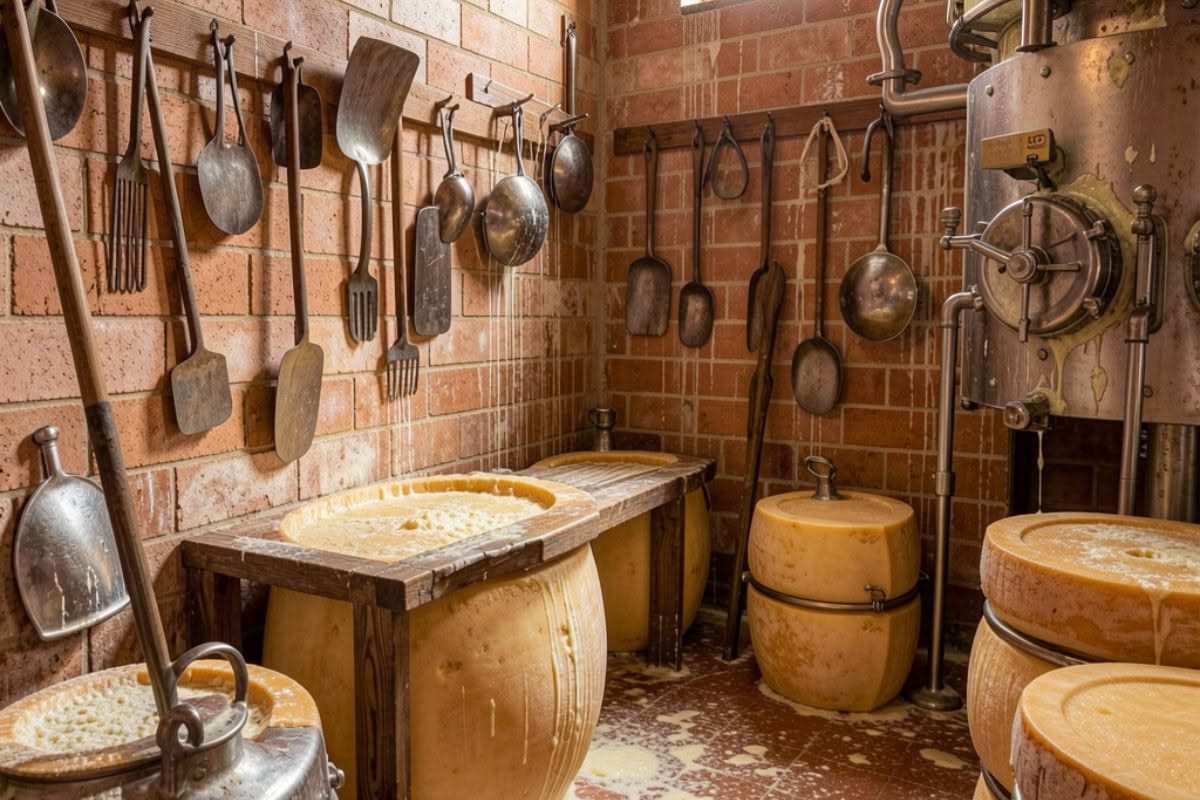 Forme di Grana Trentino in caverna di stagionatura con scaffali di legno, temperature controllate e mucche che pascolano in valle alpina sullo sfondo