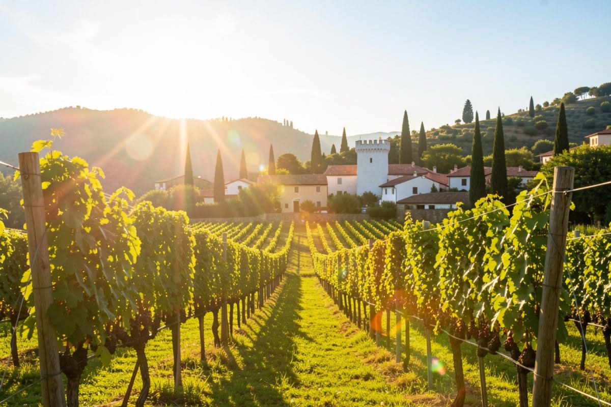 Vigneti collinari di Conegliano in autunno con filari di vite Glera, colline verdi e nebuia mattutina sullo sfondo, e grappoli d uva bianca pronti per la raccolta