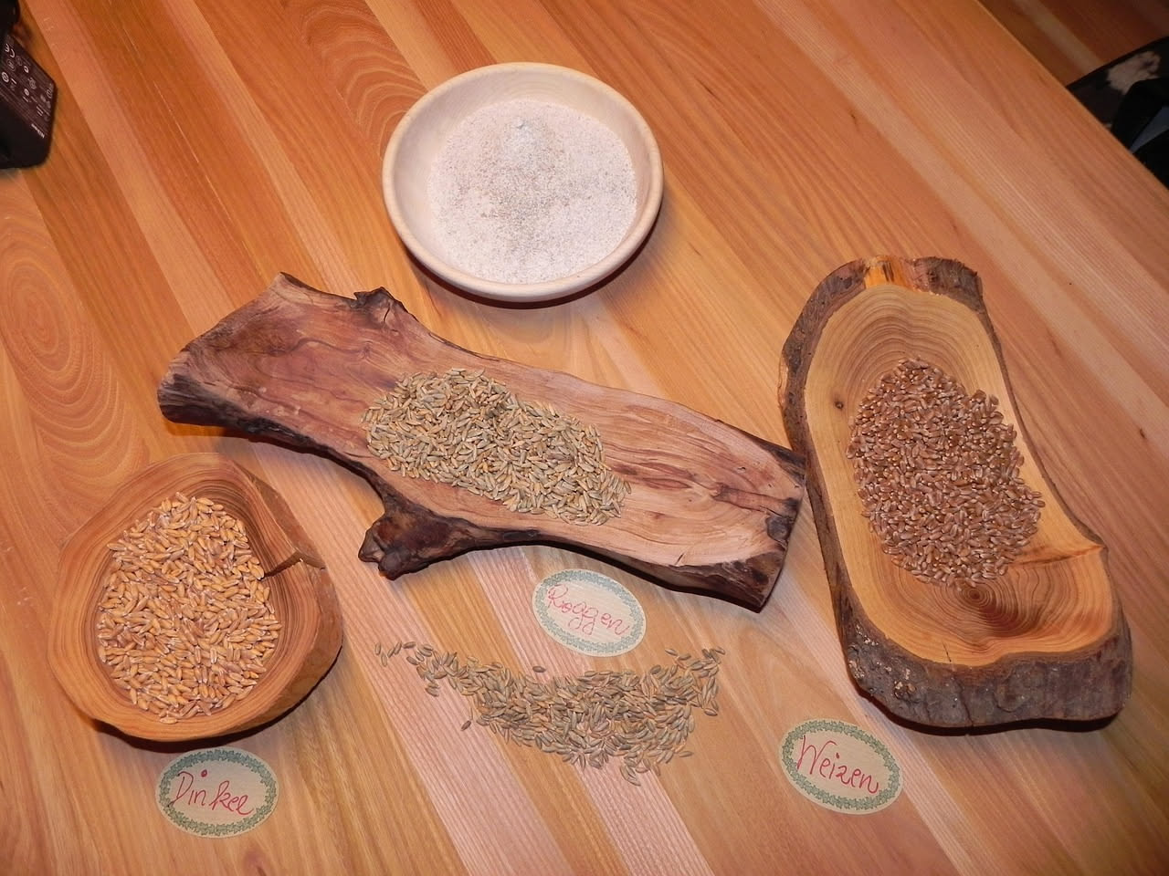 Spighe di grano antico dorato in un campo soleggiato, con pane tradizionale italiano scuro e croccante sullo sfondo, chicchi di frumento antico sparsi su legno naturale