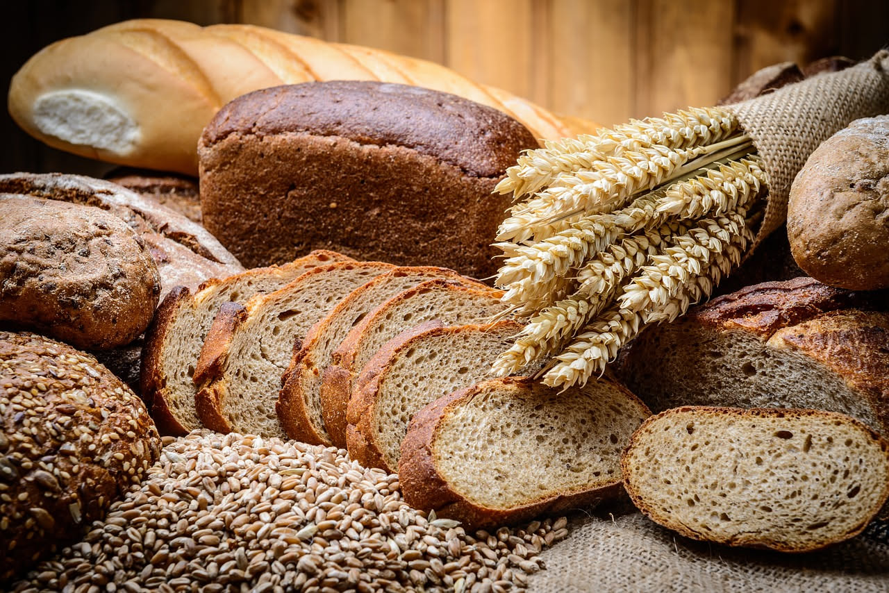 Campo di grano maturo sotto il sole, con spighe dorate che ondeggiano al vento, sfondo di colline verdi