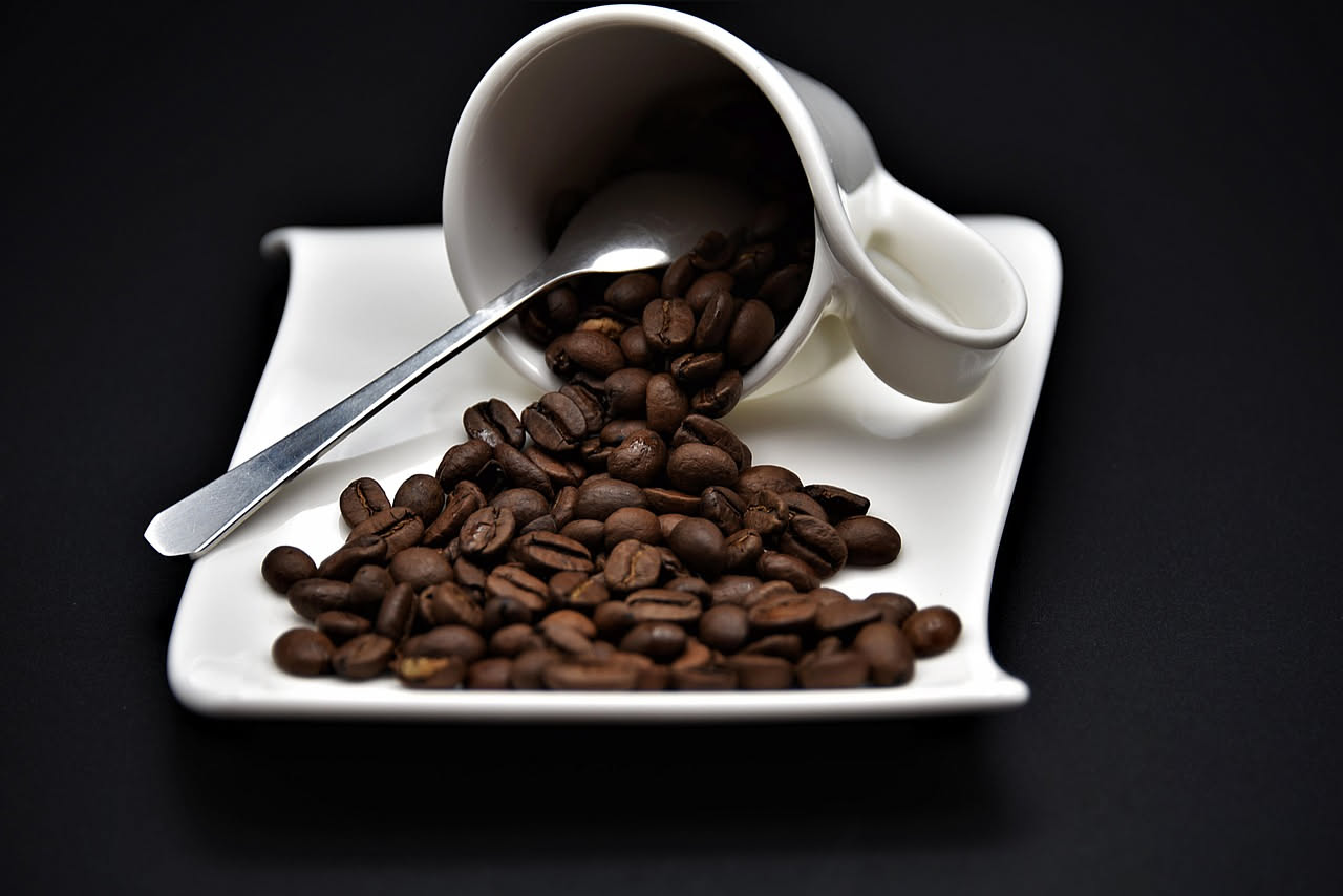 Chicchi di caffè marrone scuro versati in una ciotola bianca accanto a un bicchiere d'acqua limpida con sfondo verde sfocato