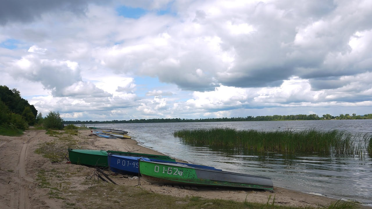 Campi del Polesine con canali di irrigazione sotto cielo grigio, case rurali su terreni sopraelevati, pioppi allineati lungo i confini, tracce di acqua su sentieri di campagna