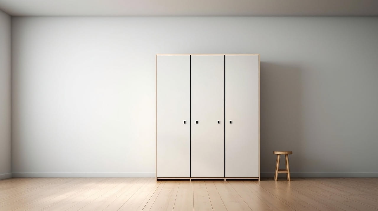 Armadio in legno chiaro con porte aperte, dentro vestiario ordinato, accanto a piccoli vasetti di vetro con bicarbonato e fette di limone secco su una mensola