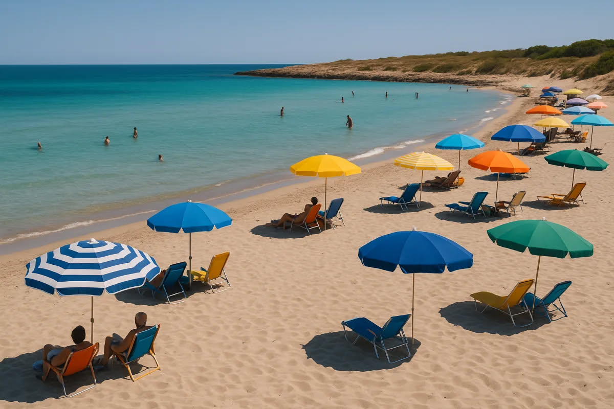 Teli da mare colorati stesi al sole su una corda tesa, con una leggera brezza che li fa ondeggiare, spiaggia sfocata sullo sfondo