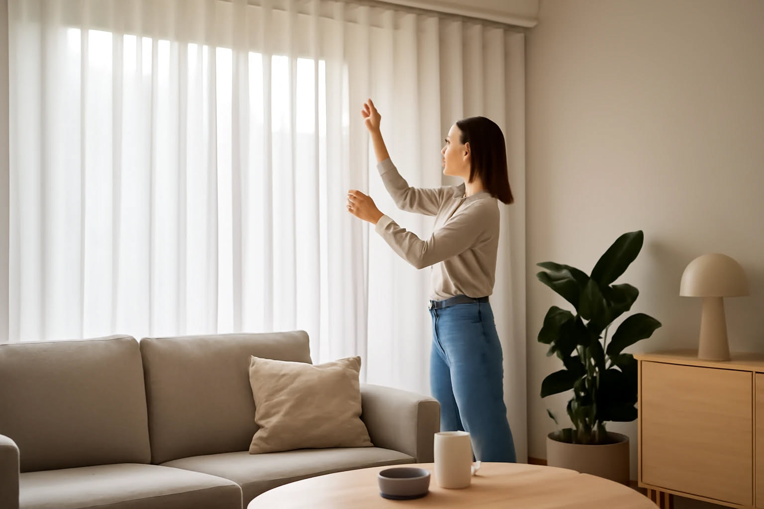 Tende bianche trasparenti che filtrano la luce del sole in una stanza luminosa con poltrona beige e finestra ampia