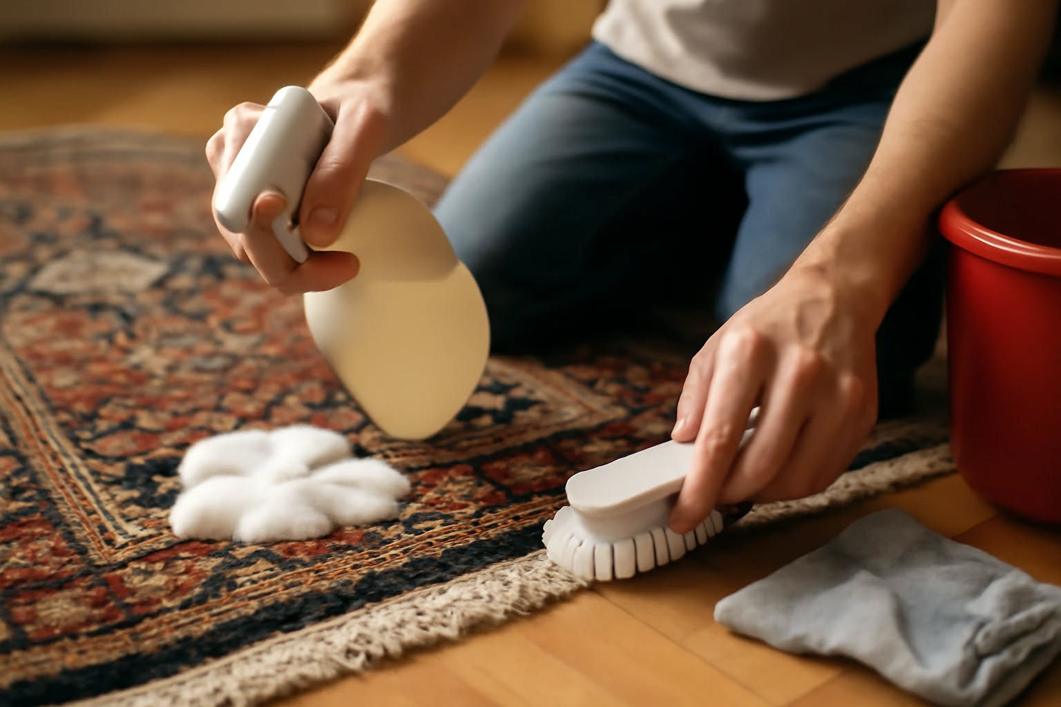 Tappeto chiaro in tonalità beige e avorio esposto a luce naturale presso una finestra, con una parte coperta da un telo trasparente protettivo