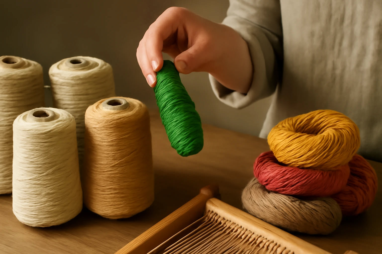 Primo piano di un filato di cotone bianco perfettamente regolare e un filato di lana grigia con leggera texturizzazione, posti side by side su una superficie di legno naturale