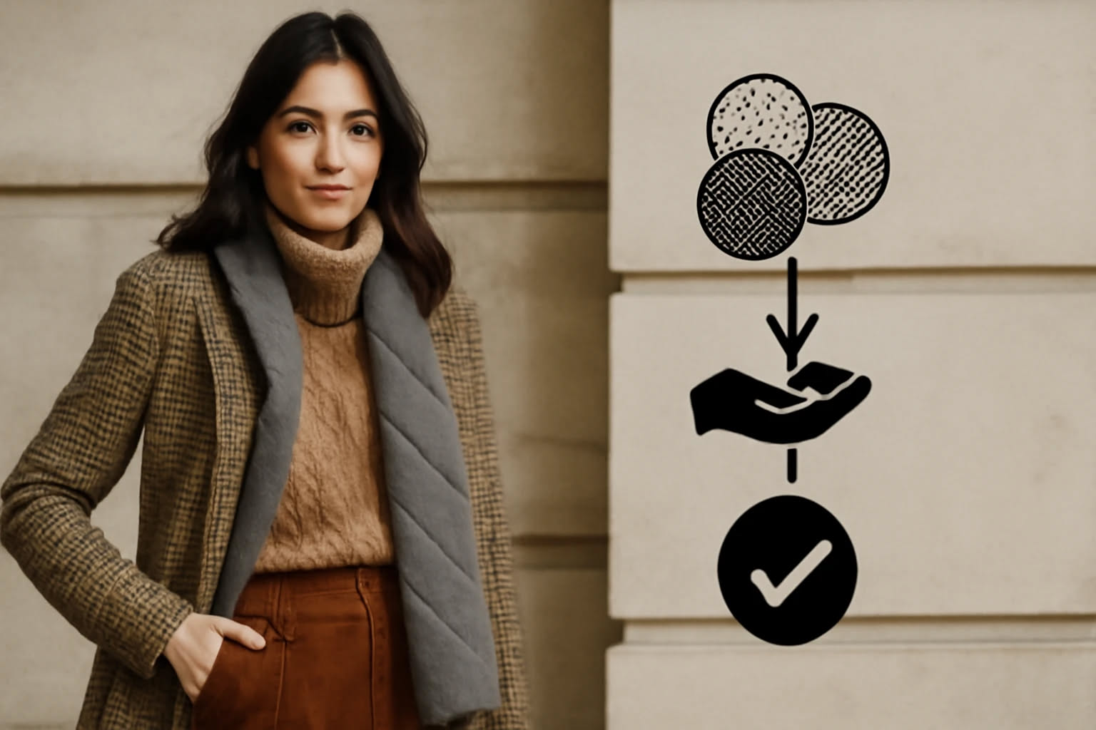 Due matasse di filato affiancate: una in alpaca di colore crema morbidissimo, una in merino grigia, su tavolo di legno con ferri da maglia sullo sfondo