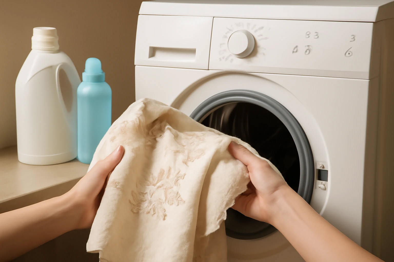 Matassa di lana superwash color borgogna accanto a una lavatrice con sportello aperto, e accanto una bacinella di acqua tinta di rosso dopo il lavaggio