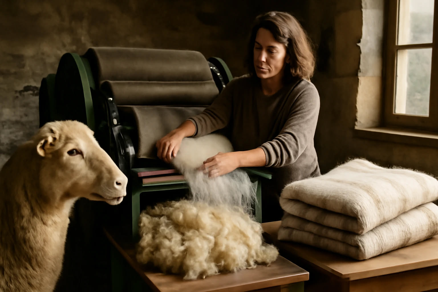 Filato di lana color crema arrotolato accanto a una matassa di lino naturale, evidenziando la differenza di texture tra le due fibre tessili