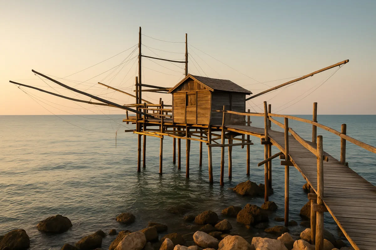 Macramè bianco appeso a una finestra di una casa costiera con vista sul mare, raggi di sole che illuminano i nodi intrecciati