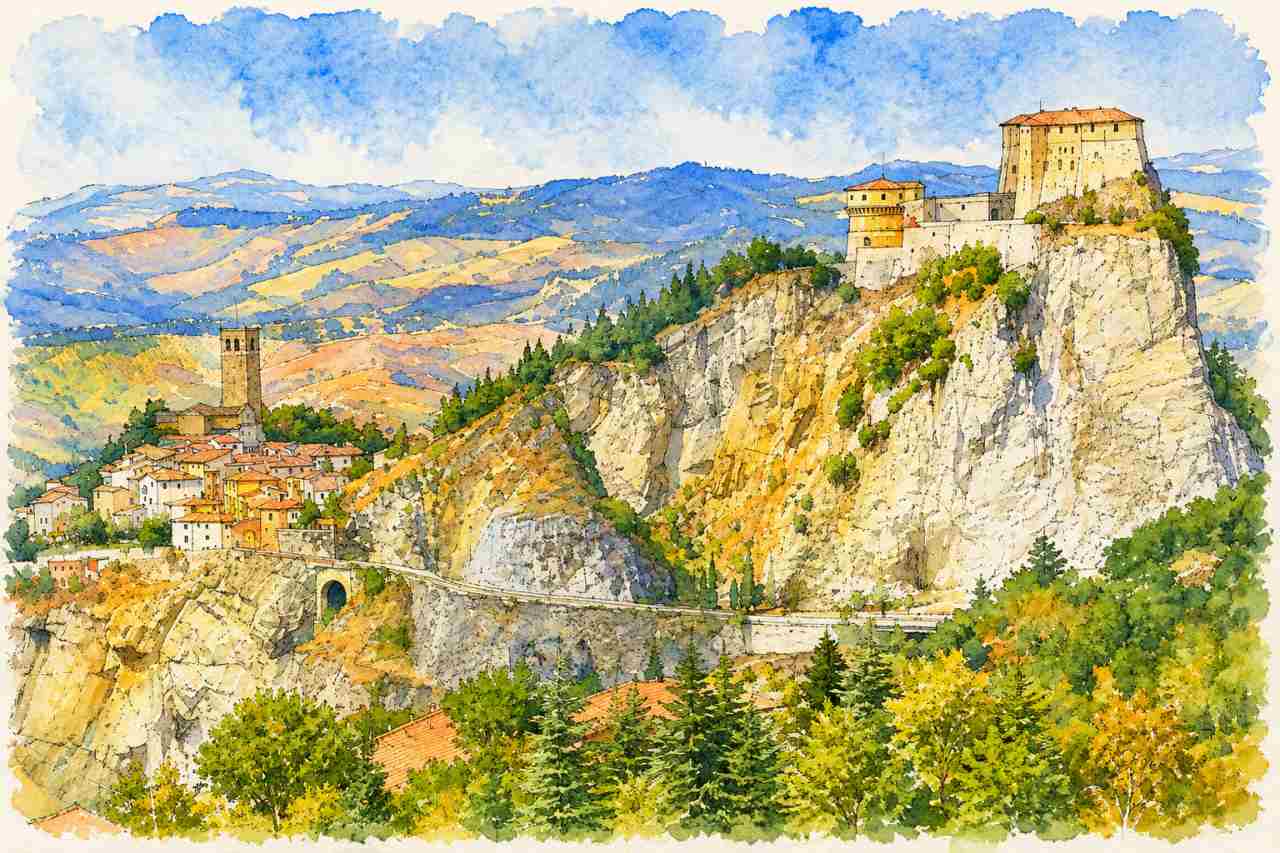 La fortezza di San Leo sulla cima dello sperone roccioso che domina il borgo e la Valmarecchia